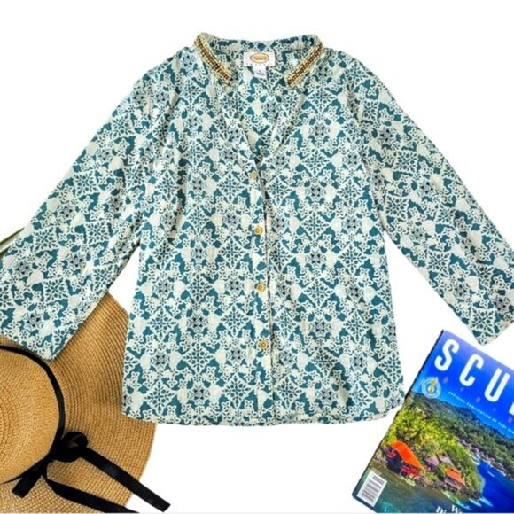 Talbots Women's Blouse Size Small Petite SP Blue Green Tropical Wood Beading - Picture 1 of 15
